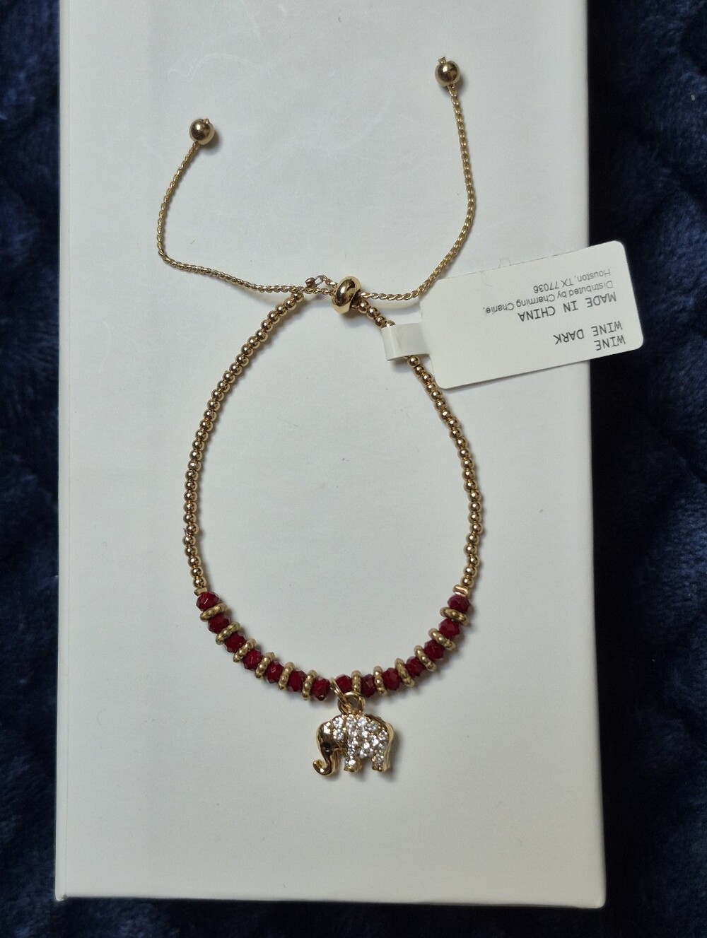 Charming Charlie Red & Gold Tone Beaded Elephant Charm Bolo Bracelet New W Tags